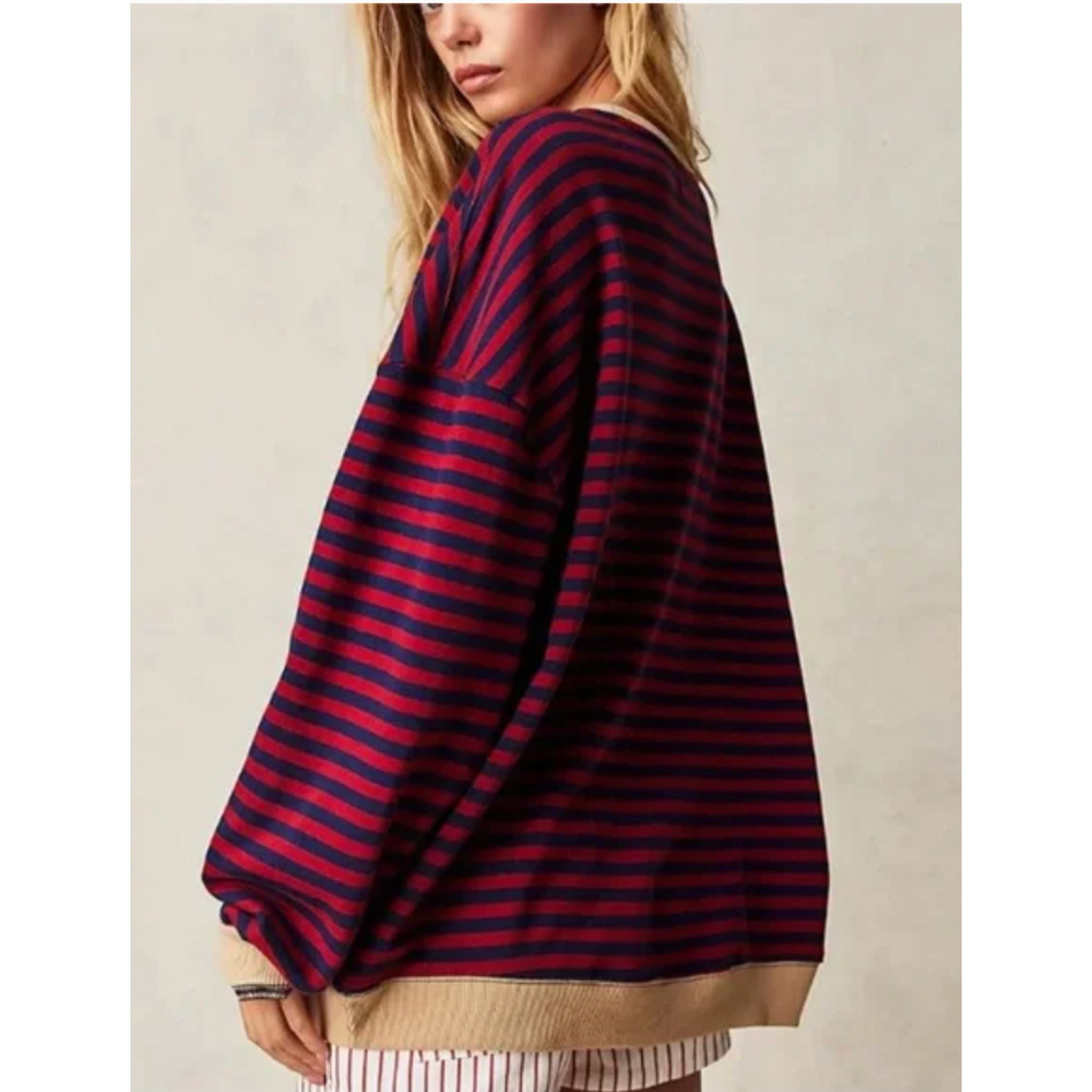 Free People Oversized Red and Navy Striped Sweatshirt - Picture 2 of 5
